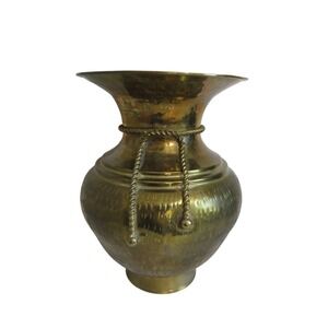Large GATCO Solid Brass Hammered Finish Vase Rope Detail Made in India
